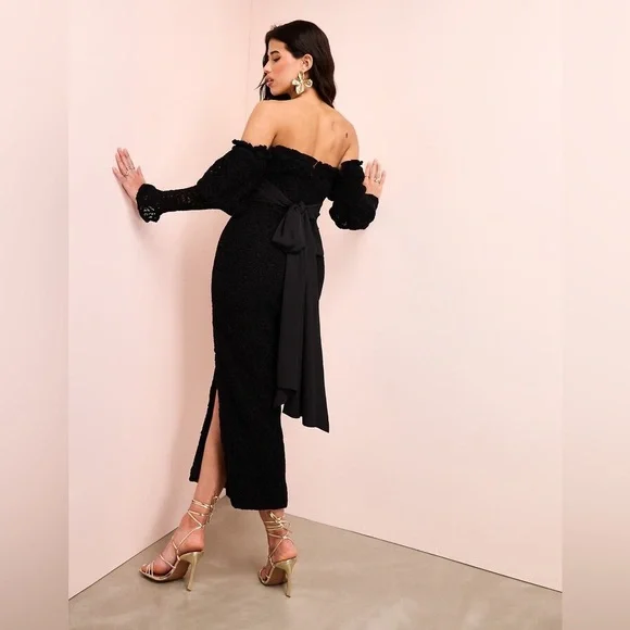 ASOS NWT Black Romantic Victorian Off Shoulder Crochet Bow Cotton Midi Dress - Picture 2 of 4